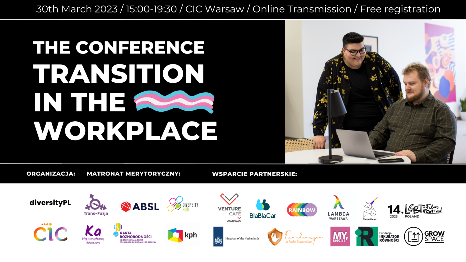 informacja na temat konferencji Tranzycha w miesjcu pracy; plakat informacyjny 